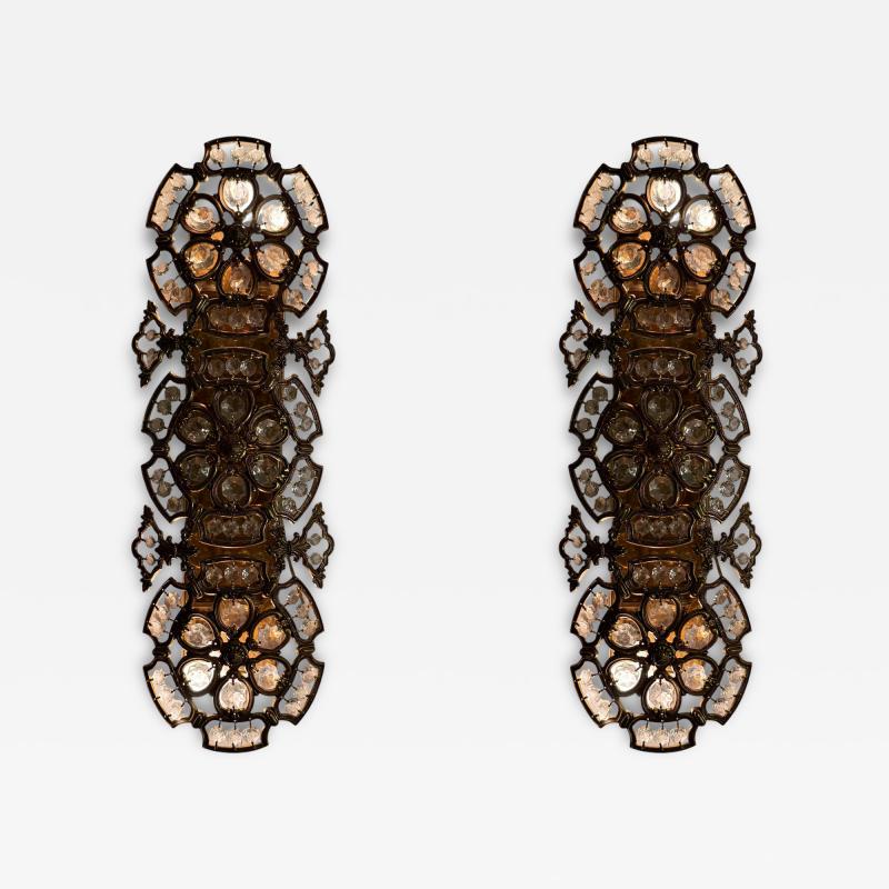  Bakalowits Sohne PAIR OF MID CENTURY BRASS FILAGREE FACETED CRYSTAL WALL SCONCES