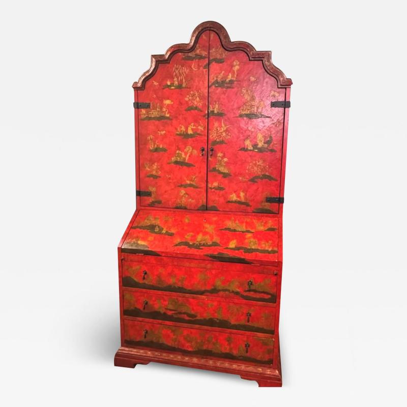  Baker Furniture Company EXCEPTIONAL RED GOLD LACQUER SCENIC CHINOISERIE SECRETARY DESK BY BAKER