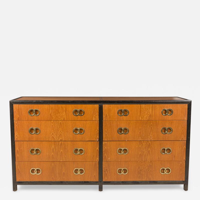  Baker Furniture Company Michael Taylor 8 Drawer Walnut and Interlocking Brass Ring Pull Low Chest