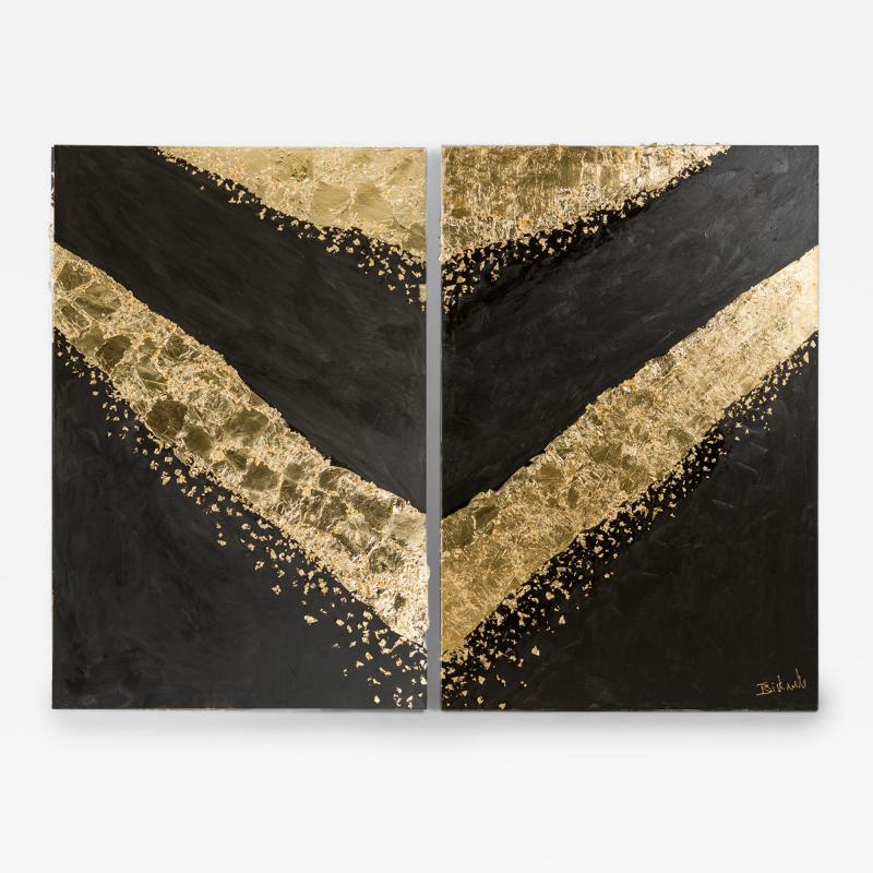  Barbara Kiskovski Barbara Kiskovski Contemporary Abstract Diptych Paintings of Gold Leaf Shapes on