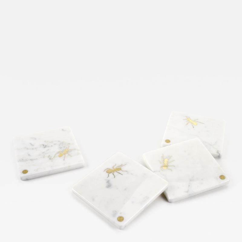  Barberini Gunnell Coasters Cocktail Barware White Carrara Marble Brass Inlay Ants Handmade Italy