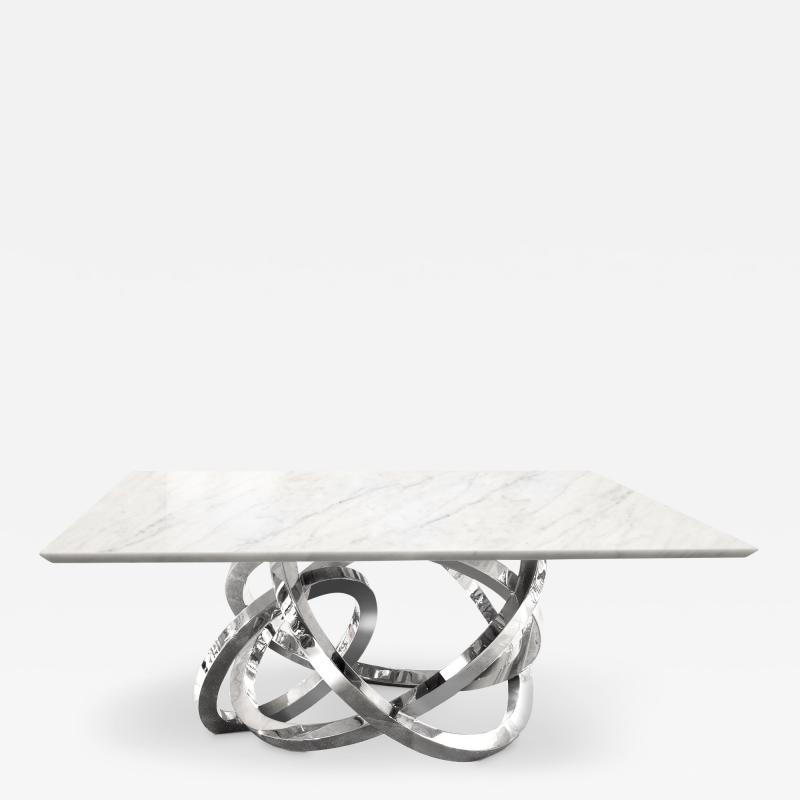  Barberini Gunnell Dining Table Square Sculpture Metal Rings Mirror Steel Marble Italy 