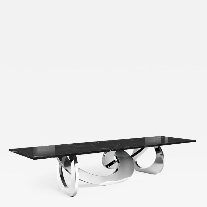  Barberini Gunnell Dining table in stainless steel chrome effect top in black marquinia marble