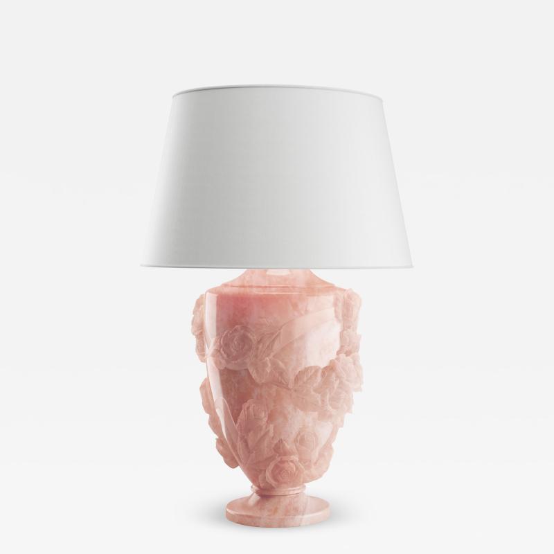  Barberini Gunnell Rose Sculpture Table Lamp 13 Roses Hand Carved Pink Onyx Block Linen Lampshade