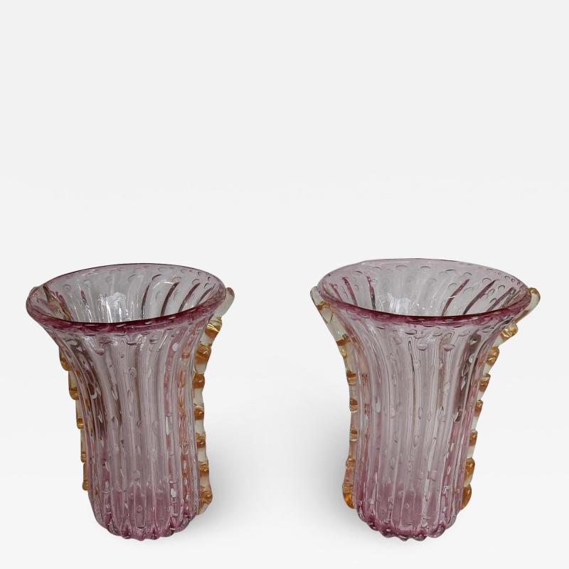  Barovier Toso 1970 Pair of Vases Or Similar Murano Crystal Pink and Gold Signed Toso