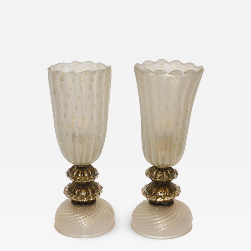  Barovier Toso 1970s Italian Vintage Barovier Toso Pair of White Black Gold Murano Glass Lamps