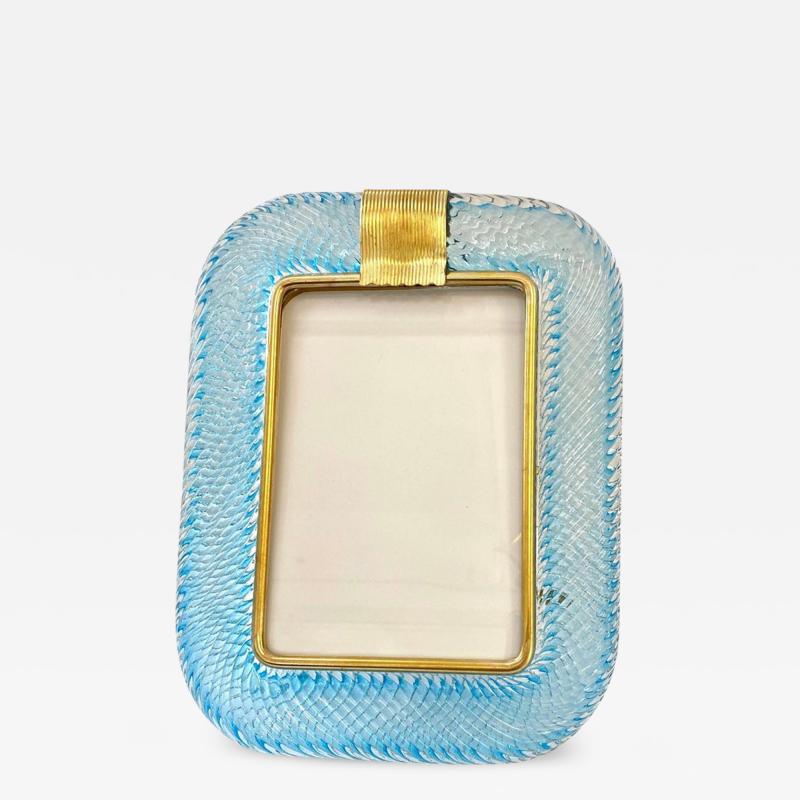  Barovier Toso 1980s Italian Vintage Aquamarine Blue Twisted Murano Glass Brass Picture Frame