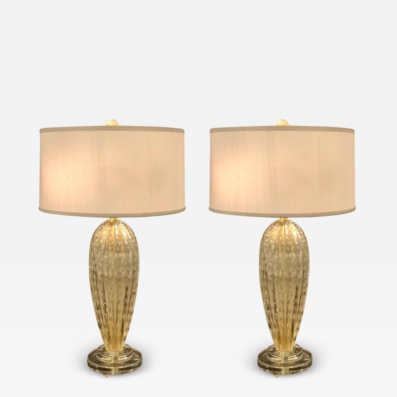  Barovier Toso Italian Midcentury Style Clear Gold Murano Venetian Glass Table Lamps Pair