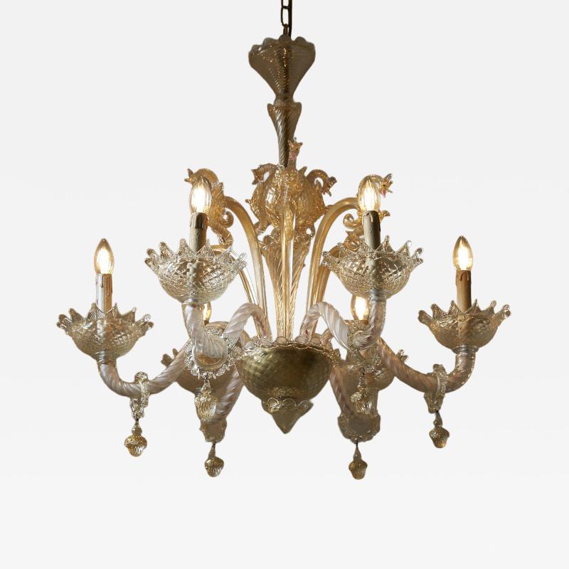  Barovier Toso Italian Murano Glass Six Arm Chandelier with Seahorse Motifs circa 1900