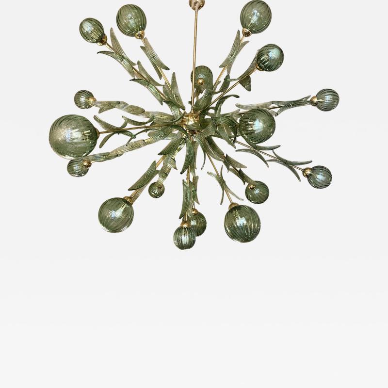  Barovier Toso Late 20th Century Brass Green Murano Art Glass Sputnik Chandelier by Barovier