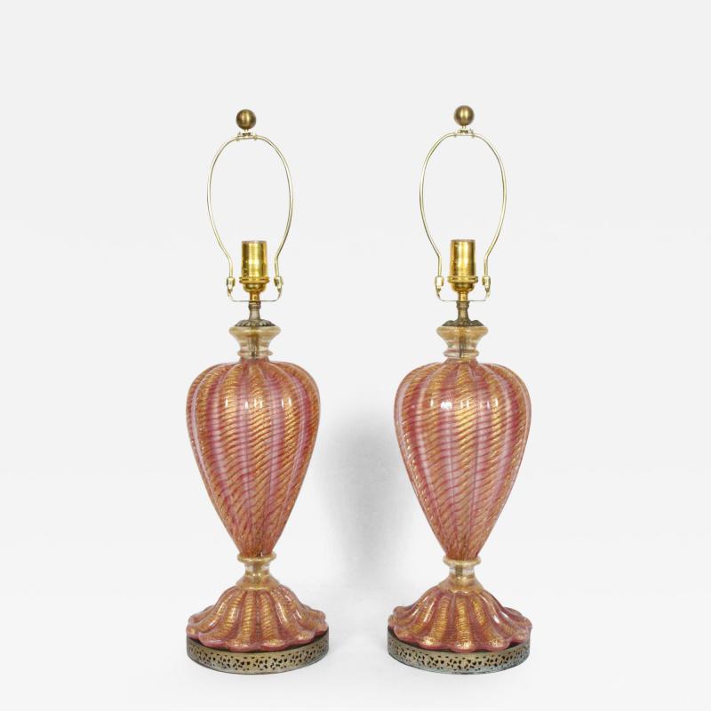  Barovier Toso Pair of Barovier e Toso Iridescent Rose Gold Murano Glass Table Lamps 1950s
