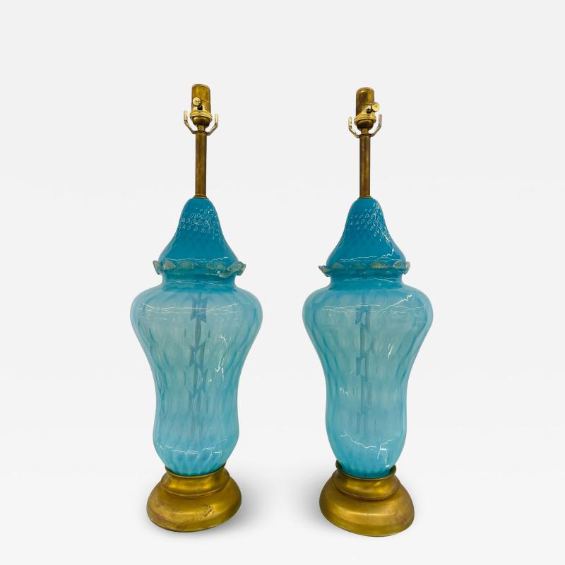  Barovier Toso Pair of Italian Mid Century Modern Murano Glass Table Lamps Turquoise Brass