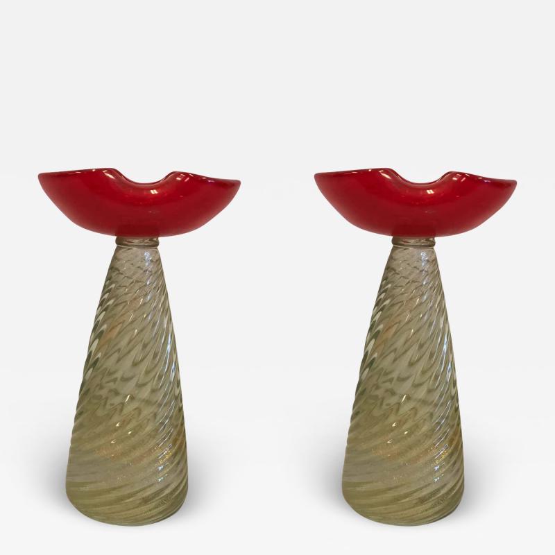  Barovier Toso Pair of Mid Century Modern Murano Venetian Glass Candlestick or Candelabra