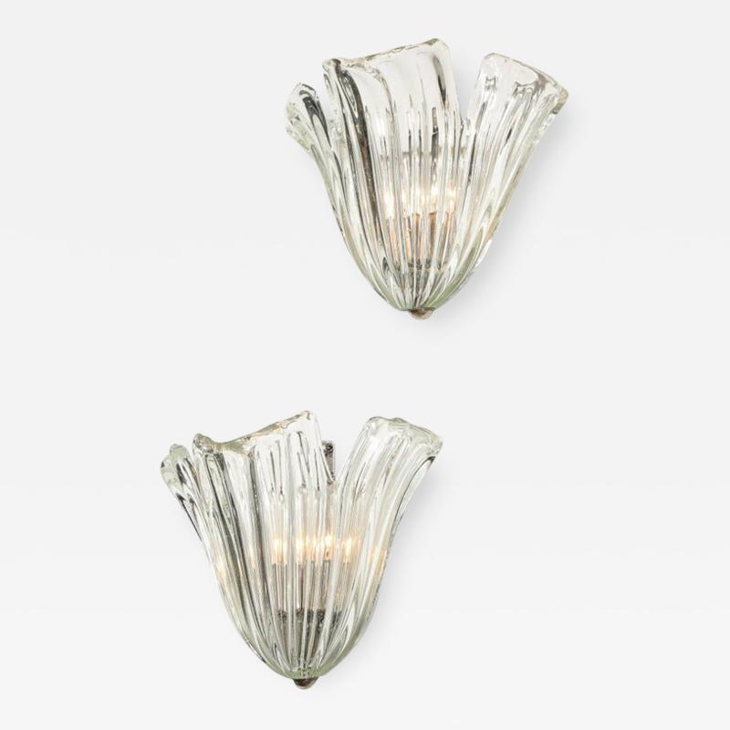  Barovier Toso Pair of Mid Century Translucent Stylized Anemone Sconces by Barovier e Toso