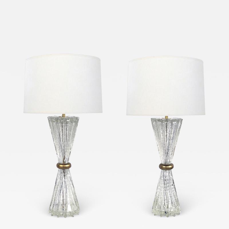  Barovier Toso Pair of Murano Barovier Toso Clear Bullicante Lamps with Pinched Mid section