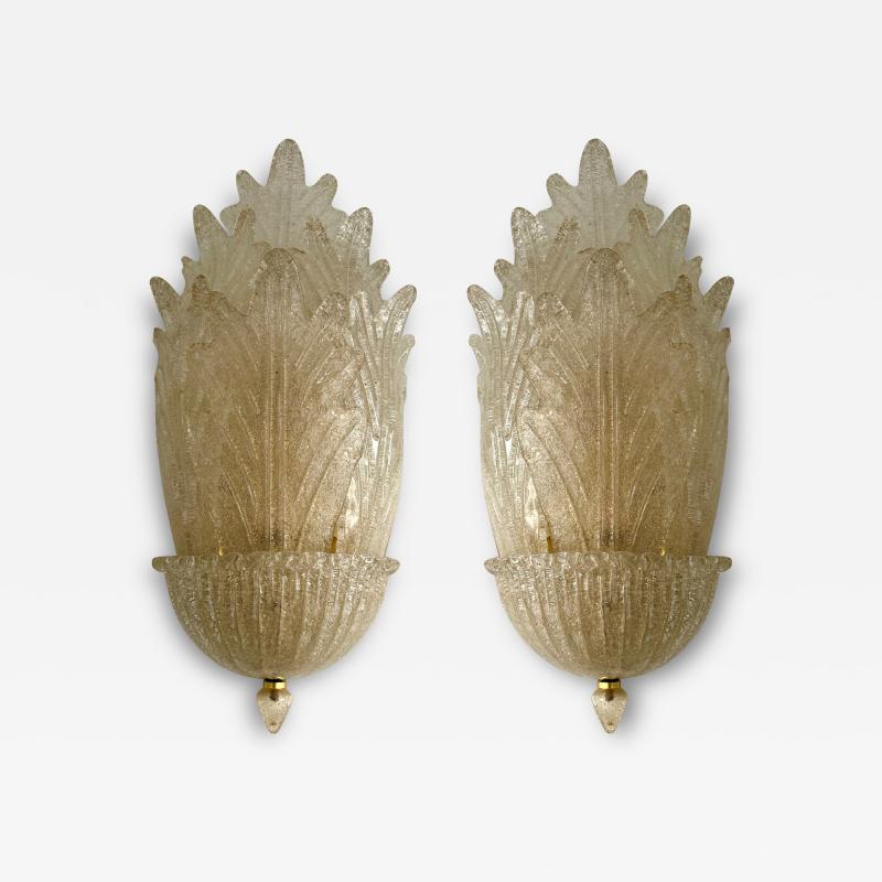  Barovier Toso Pair of Murano Glass and Brass Flame Palm Tree Sconces Italy 1970s