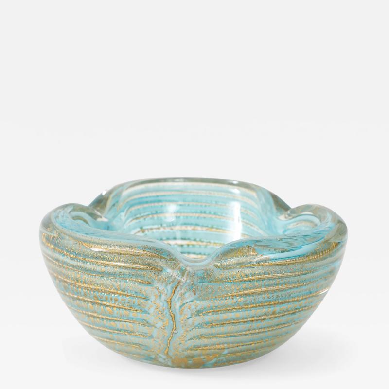  Barovier Toso Turquoise Glass Bowl in Graffito Lattimo with Gold Inclusions by Barovier Toso