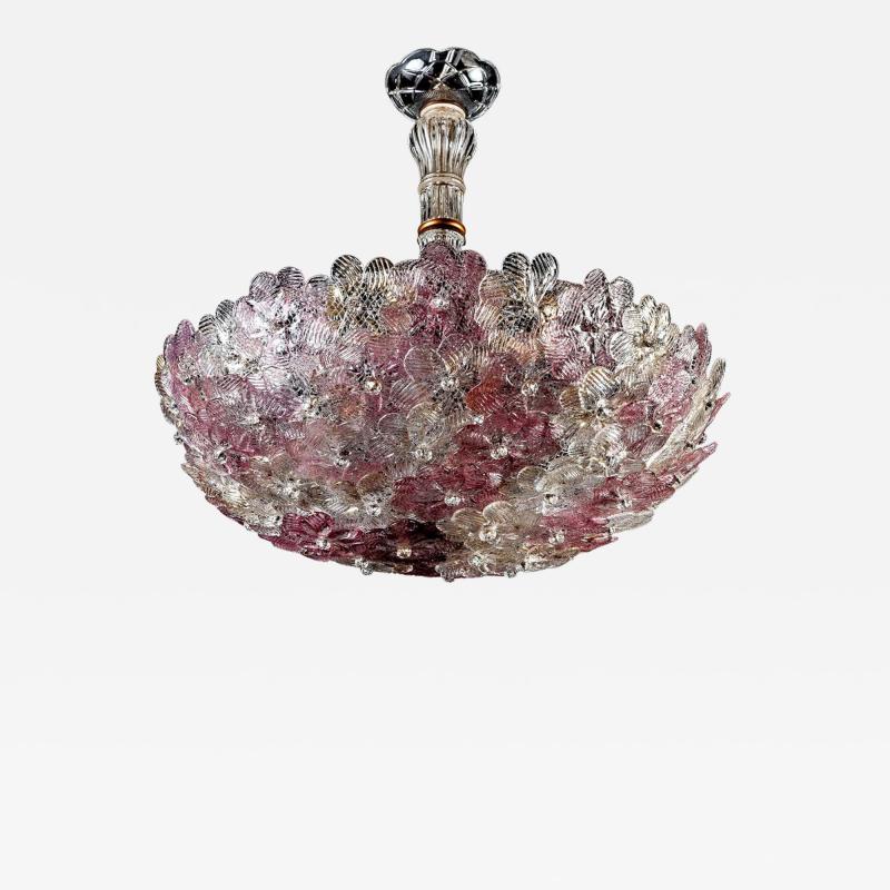  Barovier Toso Venetian Pink and Gilt Flower Glass Chandelier by Barovier e Toso 1950