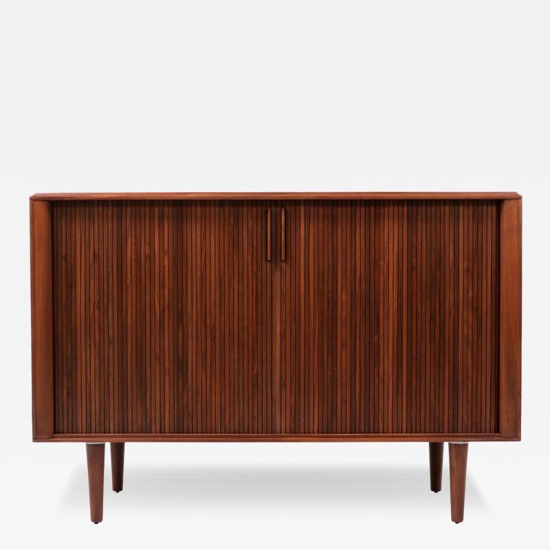  Barzilay Furniture Manufacturing Mid Century Sculpted Walnut Tambour Door Credenza by Barzilay