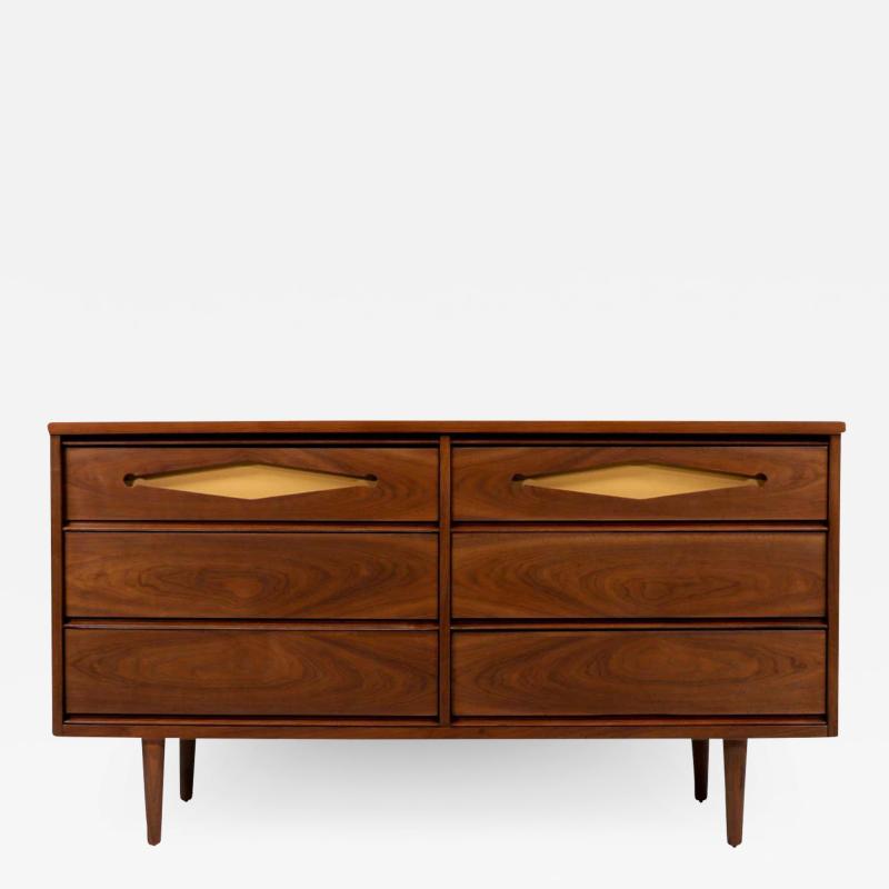  Bassett Furniture Mid Century Modern Walnut Dresser with Lacquered Accent Drawers