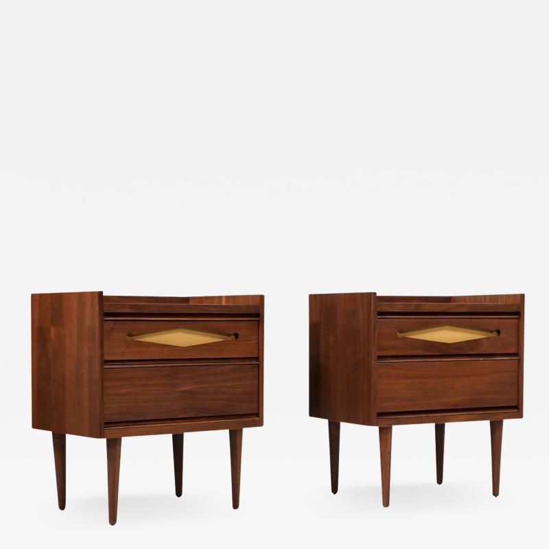  Bassett Furniture Mid Century Modern Walnut Night Stands with Lacquered Accent Drawers