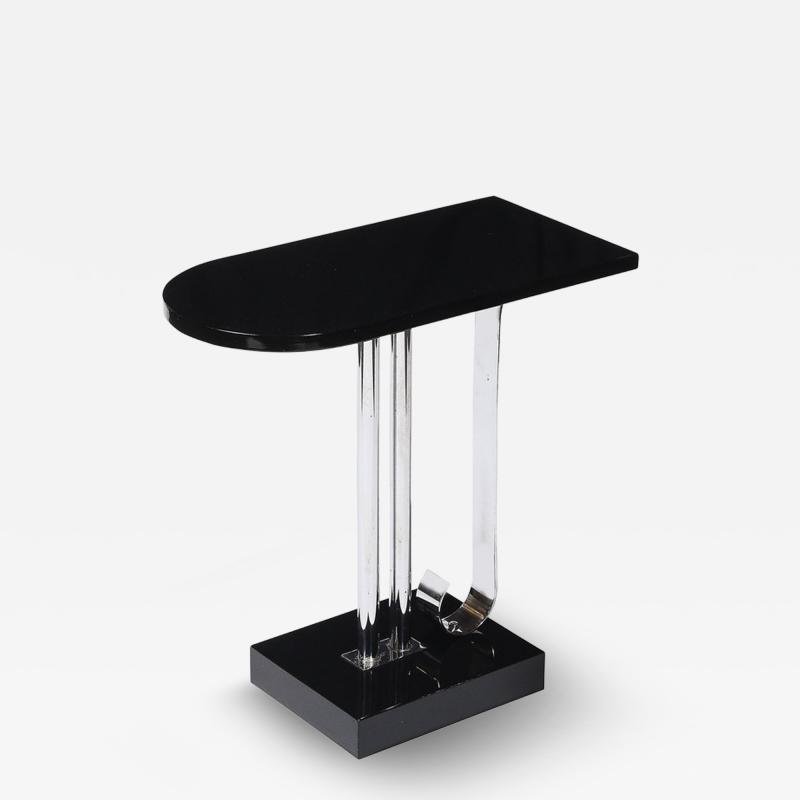  Belmet Art Deco Black Lacquer Chrome Streamlined End Table w Scroll Detail by Belmet