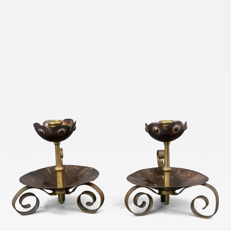  Benham Froud Benham Froud Pair of Arts Crafts copper night candle holder w flower head