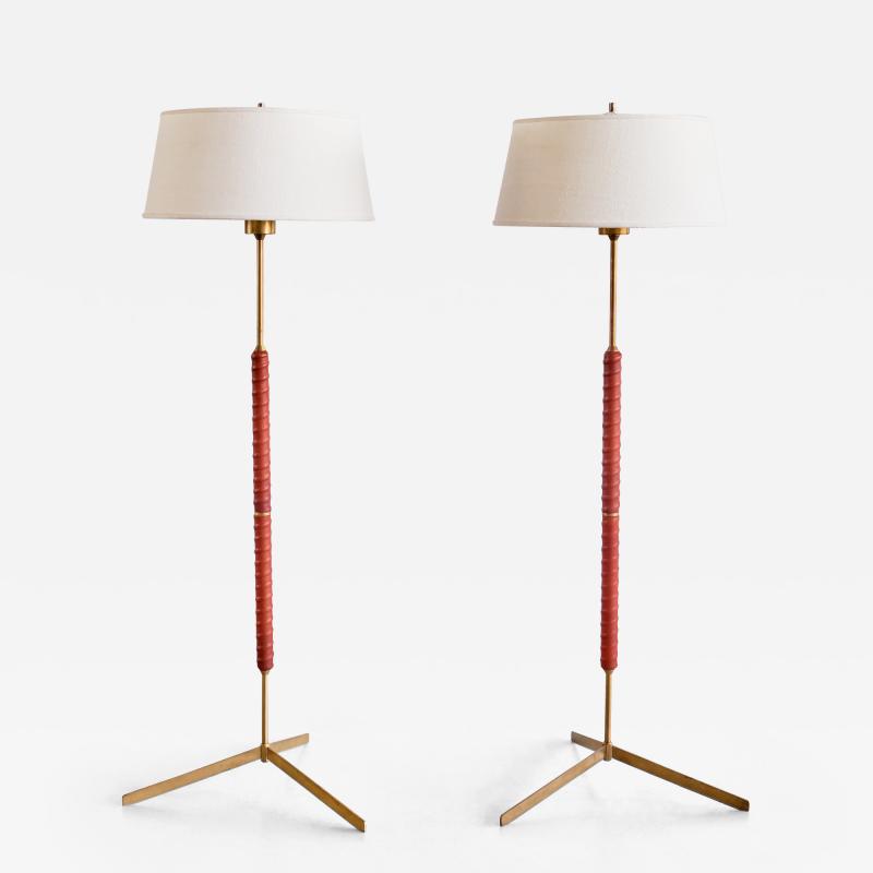  Bergboms Pair of Bergboms G 31 Floor Lamps in Brass Leather and Linen Sweden 1940s