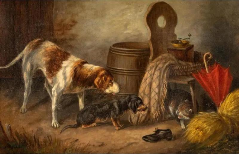  Bernard De Gempt Antique Oil Painting of Dogs by Bernard De Gempt