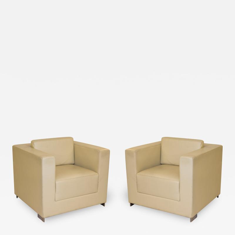  Bernhardt Furniture Company Pair of Cube Lounge Chairs in Creme Leather by Bernhardt Furniture