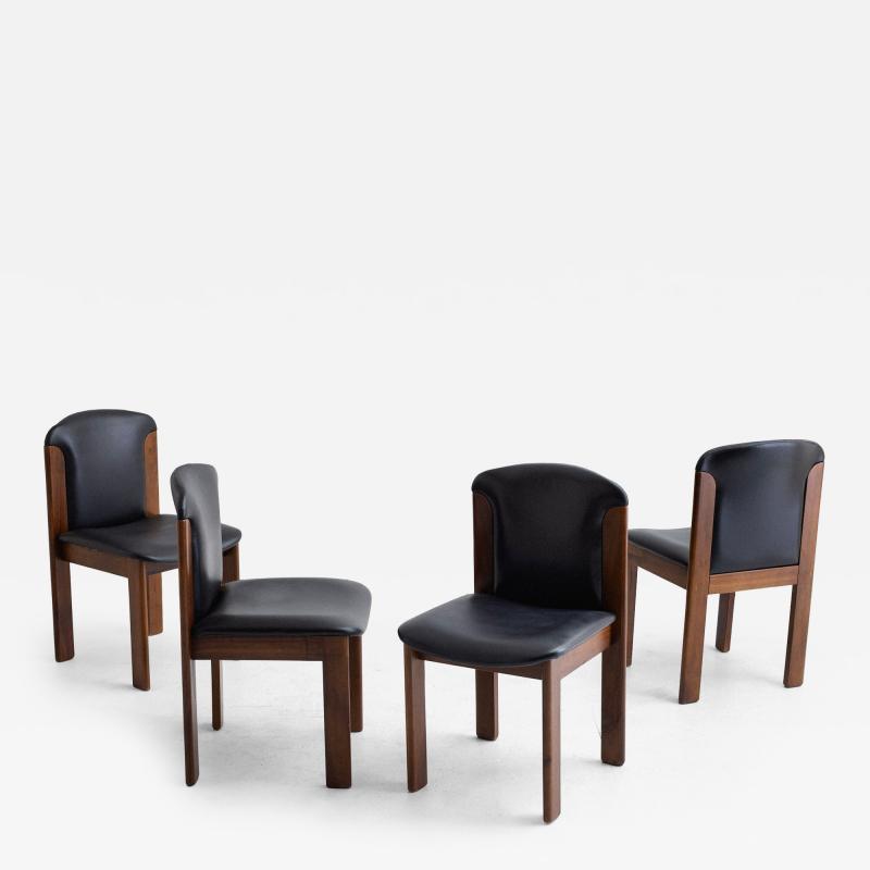  Bernini Set of 4 Mid Century Leather Walnut Dining Chairs Silvio Coppola for Bernini