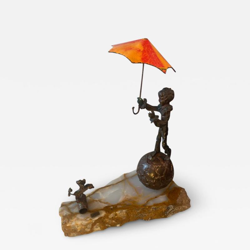  Bijan MODERN BRONZE AND ONYX PIERROT WITH UMBRELLA AND POODLE SCULPTURE BY BIJAN