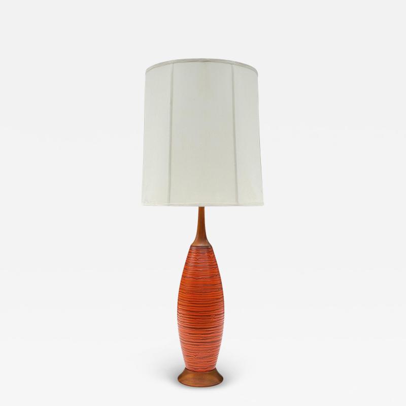  Bitossi Mid Century Danish or Italian Modern Orange Ceramic Pottery Walnut Table Lamp