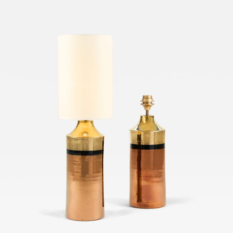 Bitossi Pair of 1960s ceramic Bitossi gold black and copper glazed lamps for Bergbom