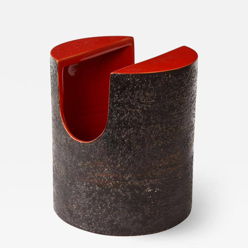  Bitossi Red Glaze Ceramic Vase with Black Matte Exterior by Bitossi Italy c 1960s