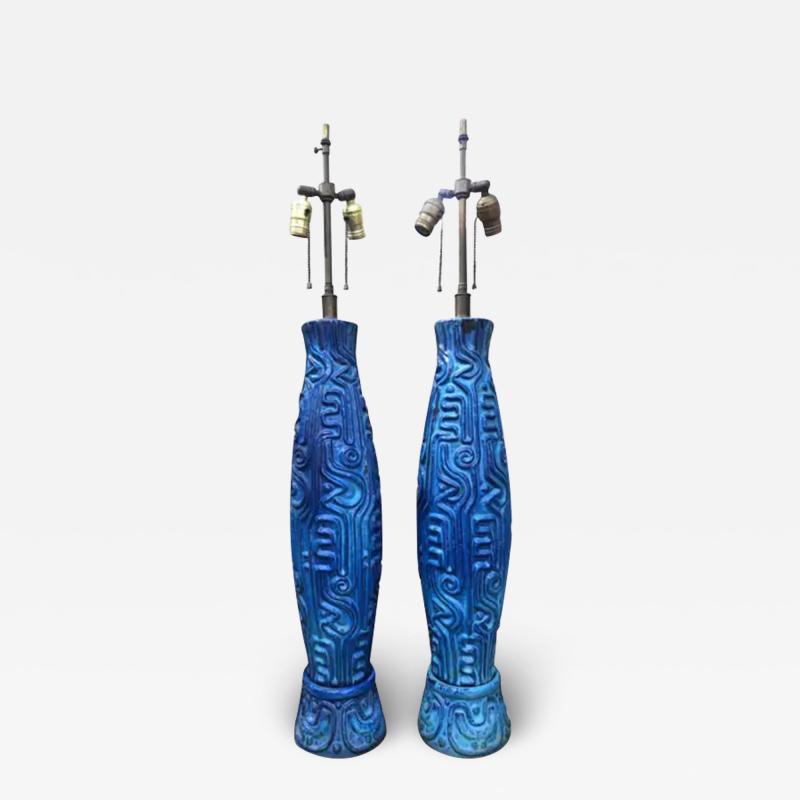  Bitossi Spectacular Pair XL Textured Blue Bitossi Style Ceramic Lamp Mid Century Modern