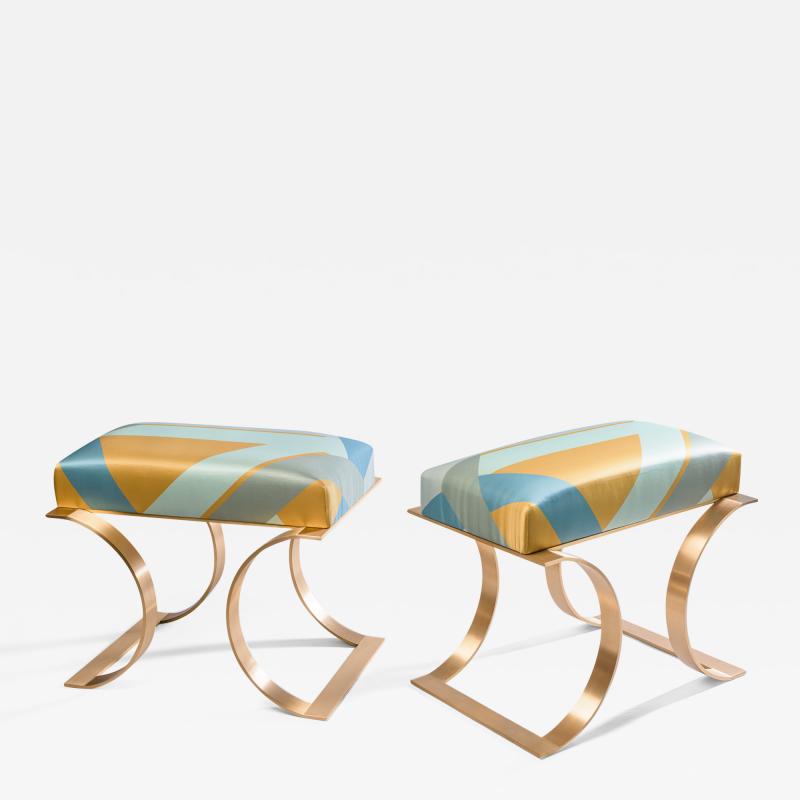  Blend Roma Pair of Handcrafted Stools in Brass and Printed Silk Italy 2021