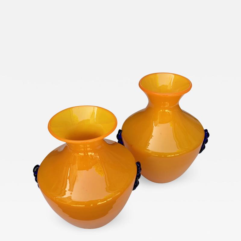  Blenko Glass Co A Rare Pair of Blenko Orange Glass Vases with Applied Cobalt Decoration