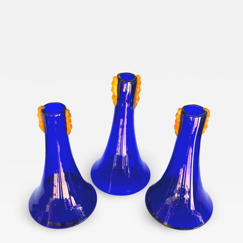  Blenko Glass Co A Rare Set of 3 Blenko Cobalt Glass Vases with Orange Decoration