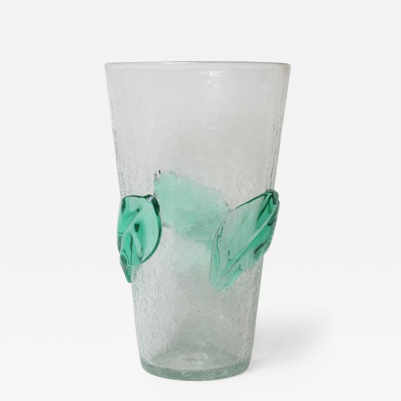  Blenko Glass Co Large Art Glass Vase with applied Green Leaves by Blenko Glass Co 1950s