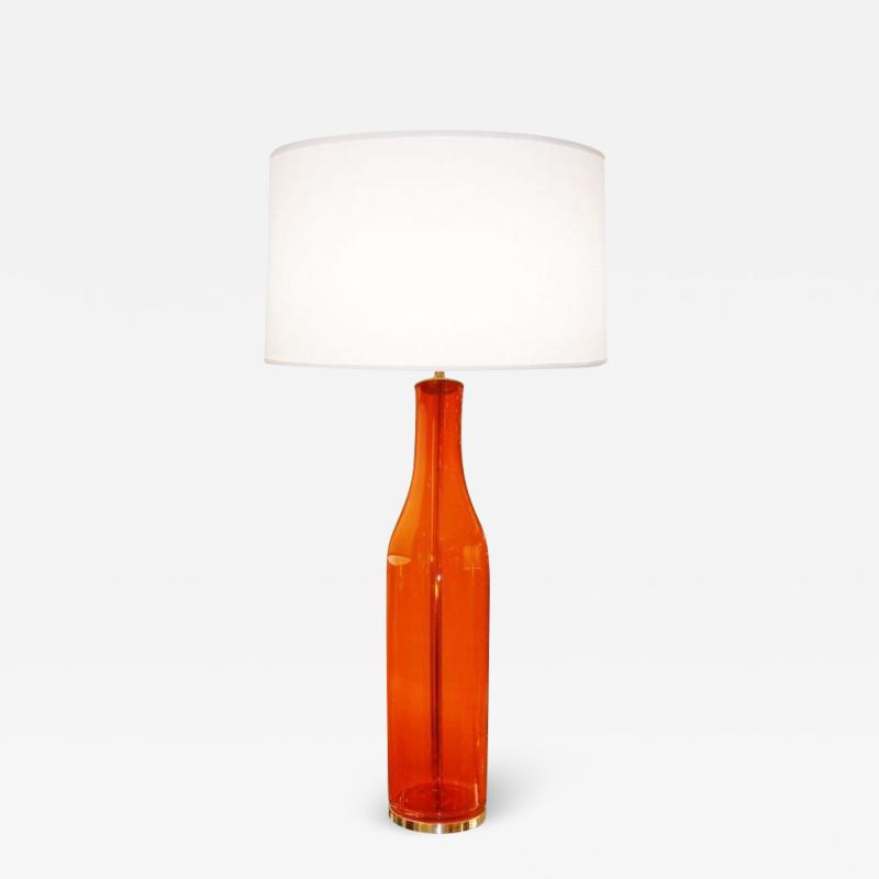  Blenko Glass Co Single Mid Century Large Orange Blown Glass Bottle Shape Table Lamp by Blenko