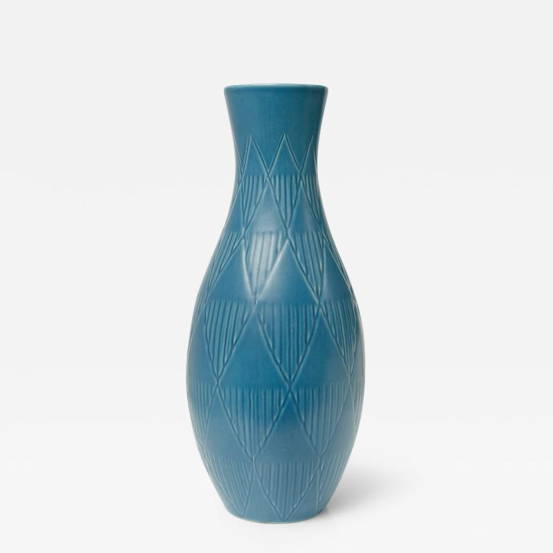  Bo Fajans BO FAJANS BLUE CERAMIC BULBOUS VASE GEOMETRIC PATTERN IN RELIEF SWEDEN 1940