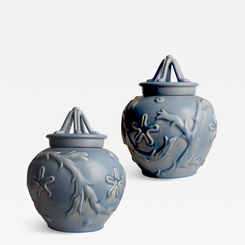  Bo Fajans Pair of Marine Themed Lidded Urns by Eva Jancke Bjork for Bo Fajans