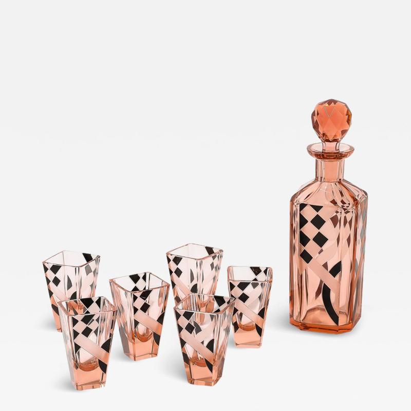  Bohemia Crystal Art Deco Bohemia Glass Cubist Decanter Set in Smoked Rose W Diamond Patterning