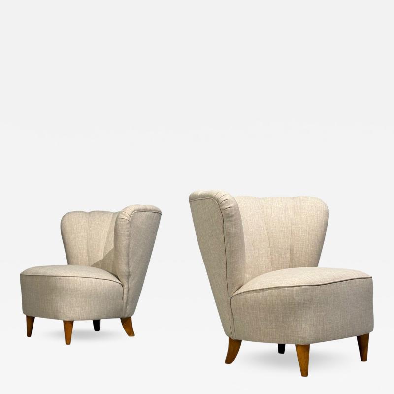 Boman OY Carl Johan Boman Easy Chairs Beige Linen Wood Finland 1950s