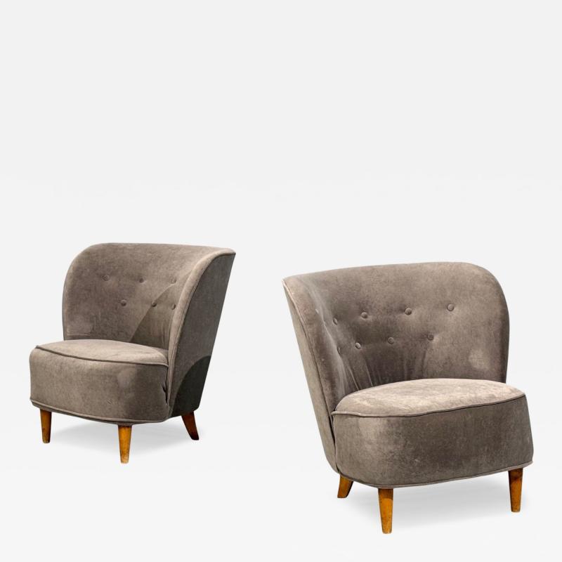  Boman OY Finnish Modern Easy Chairs Velvet Lacquered Wood Finland 1950s