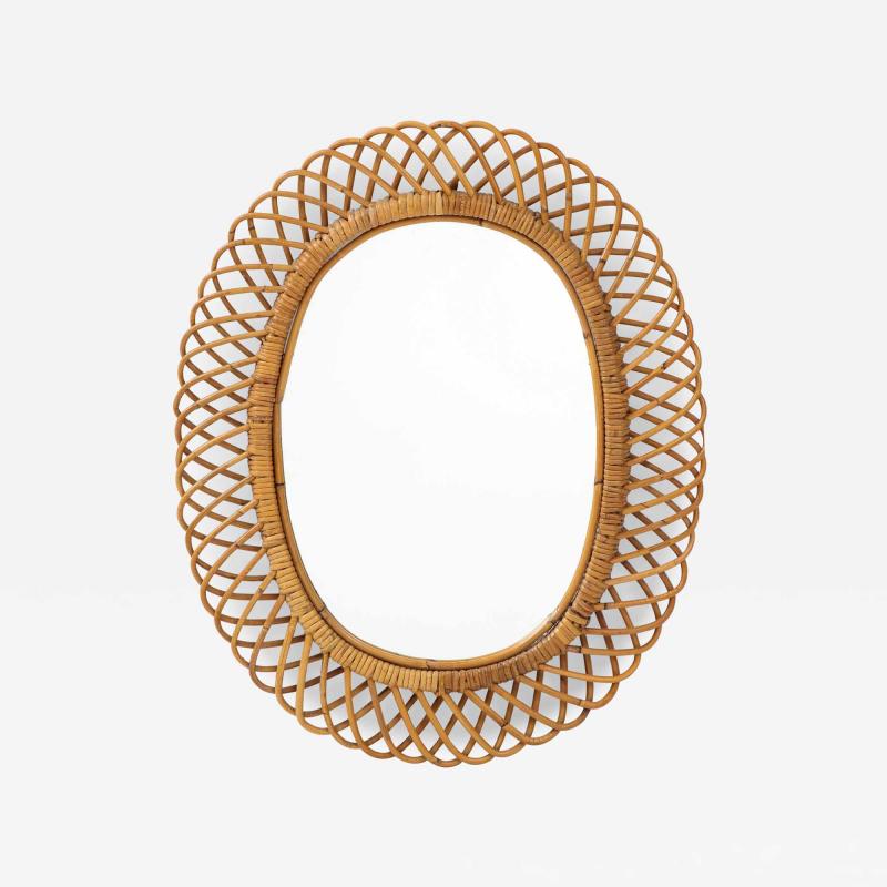 Bonacina 1950s Oval Bamboo and Rattan Mirror by Bonacino