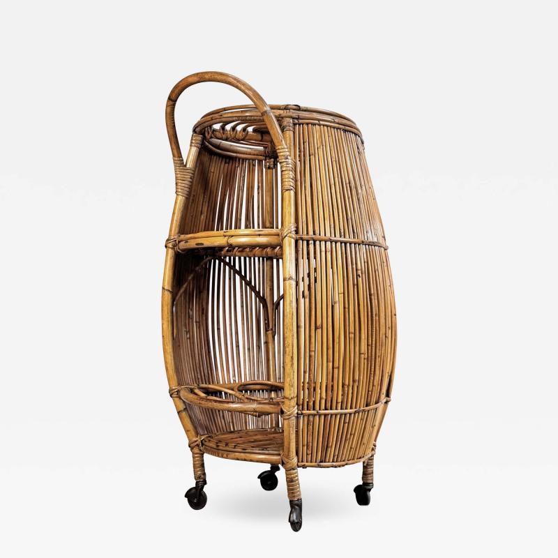  Bonacina Mid Century Italian Bamboo Barrel Bar Cart by Bonacina