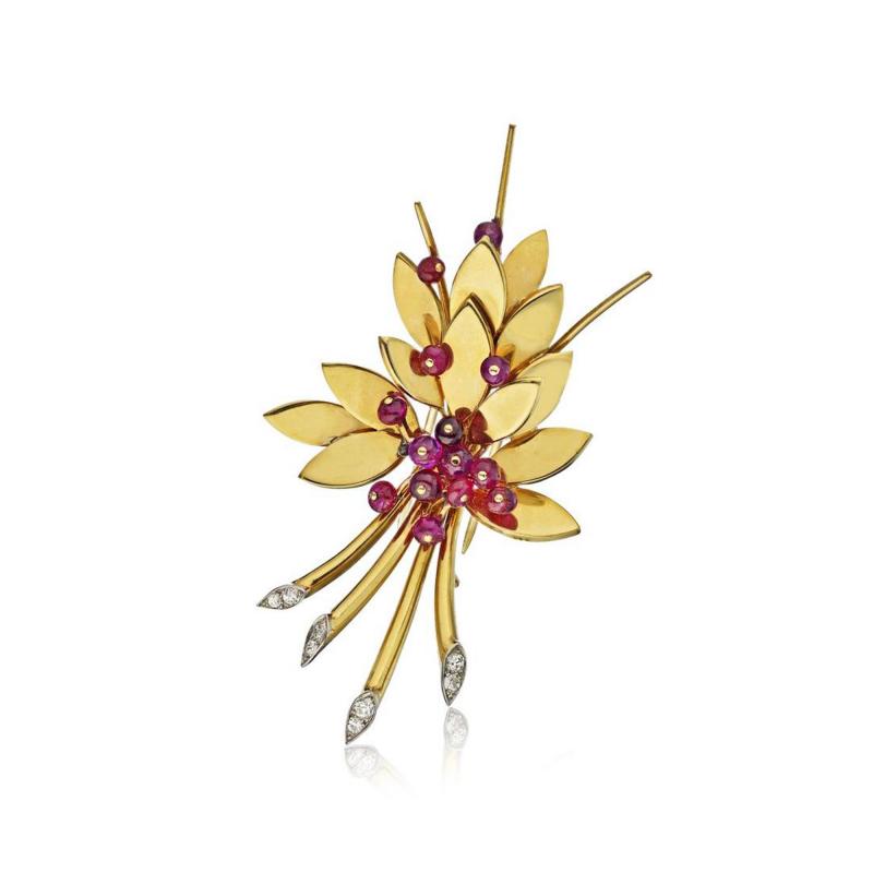  Boucheron BOUCHERON 14K ROSE GOLD RUBY AND DIAMOND FOLIAGE BROOCH