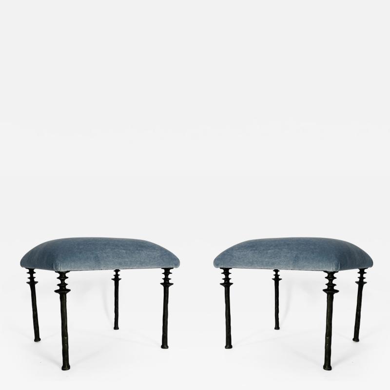  Bourgeois Boheme Atelier Pair of Sorgue Stools Blue Mohair Fabric